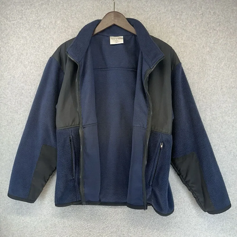 Young USA Mens Fleece Jacket Lightweight Black Blue Full Zip Zippered Pockets M - Picture 2 of 12